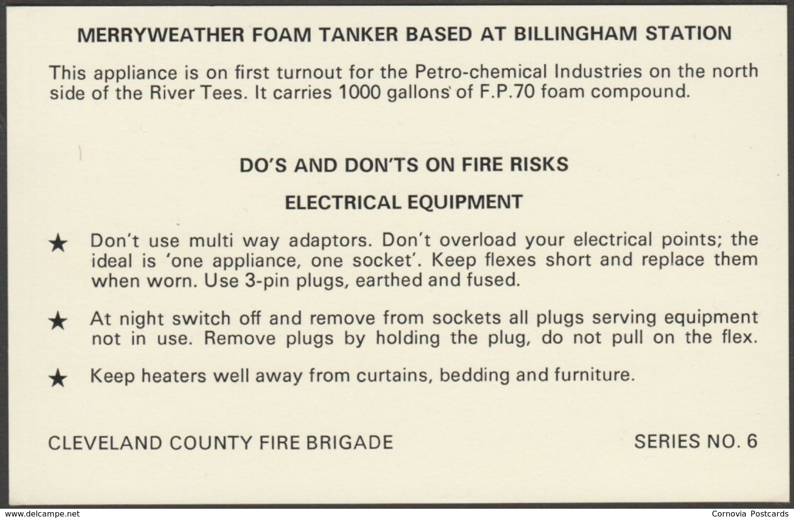 Merryweather Foam Tanker At Billingham Station - Cleveland County Fire Brigade Advice Postcard - Trucks, Vans &  Lorries