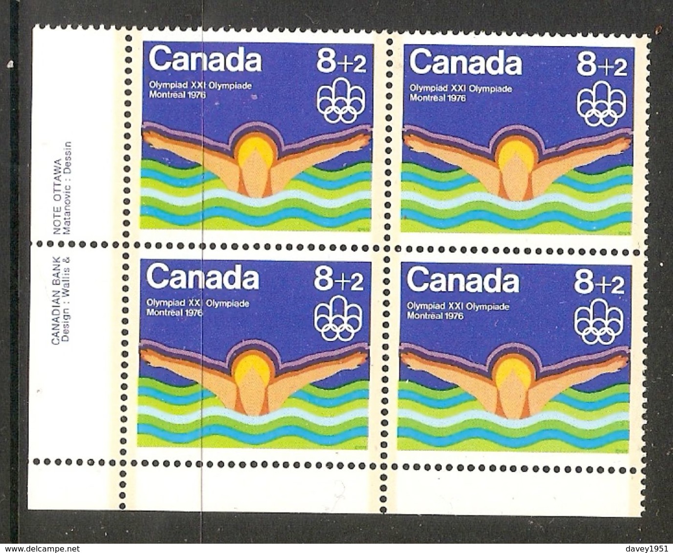 006405 Canada 1975 Water Sports 8c + 2c Plate Block LL MNH - Plattennummern & Inschriften