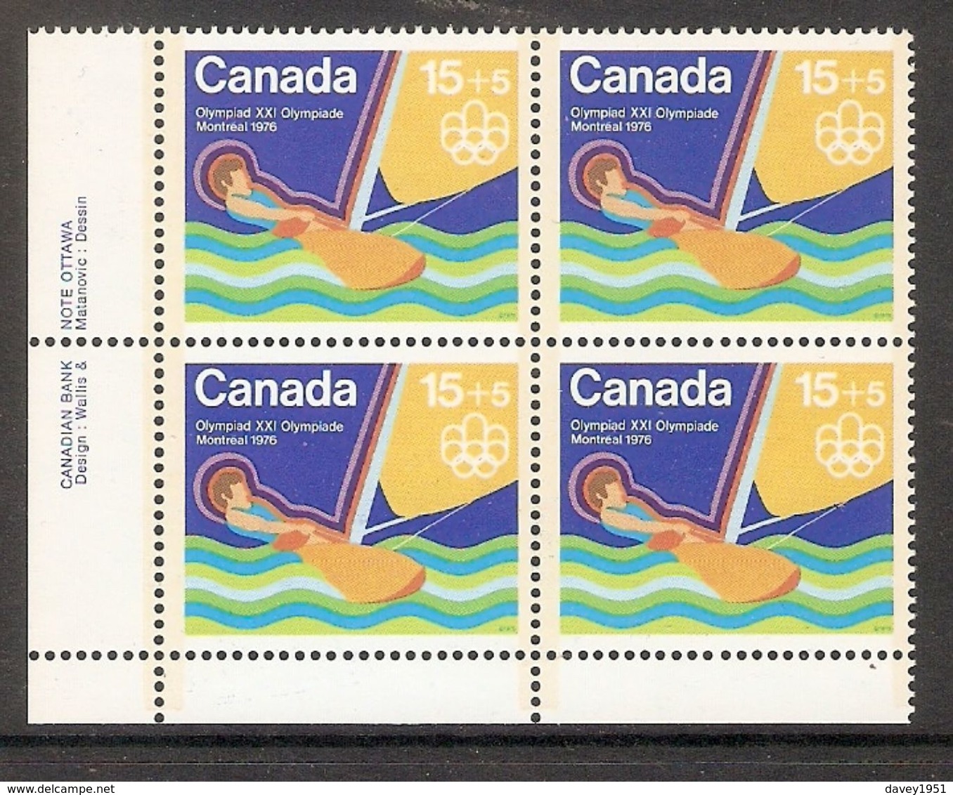 006406 Canada 1975 Water Sports 15c + 5c Plate Block LL MNH - Plate Number & Inscriptions