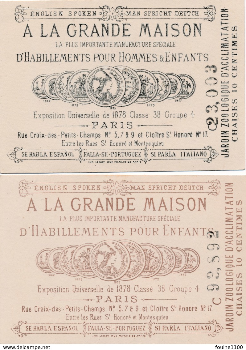 LOT / SERIE 2 Chromos ( Leroy ) A LA GRANDE MAISON Jardin Zoologique D' Acclimatation Chaises 10 Centimes ( Recto Verso - Autres & Non Classés