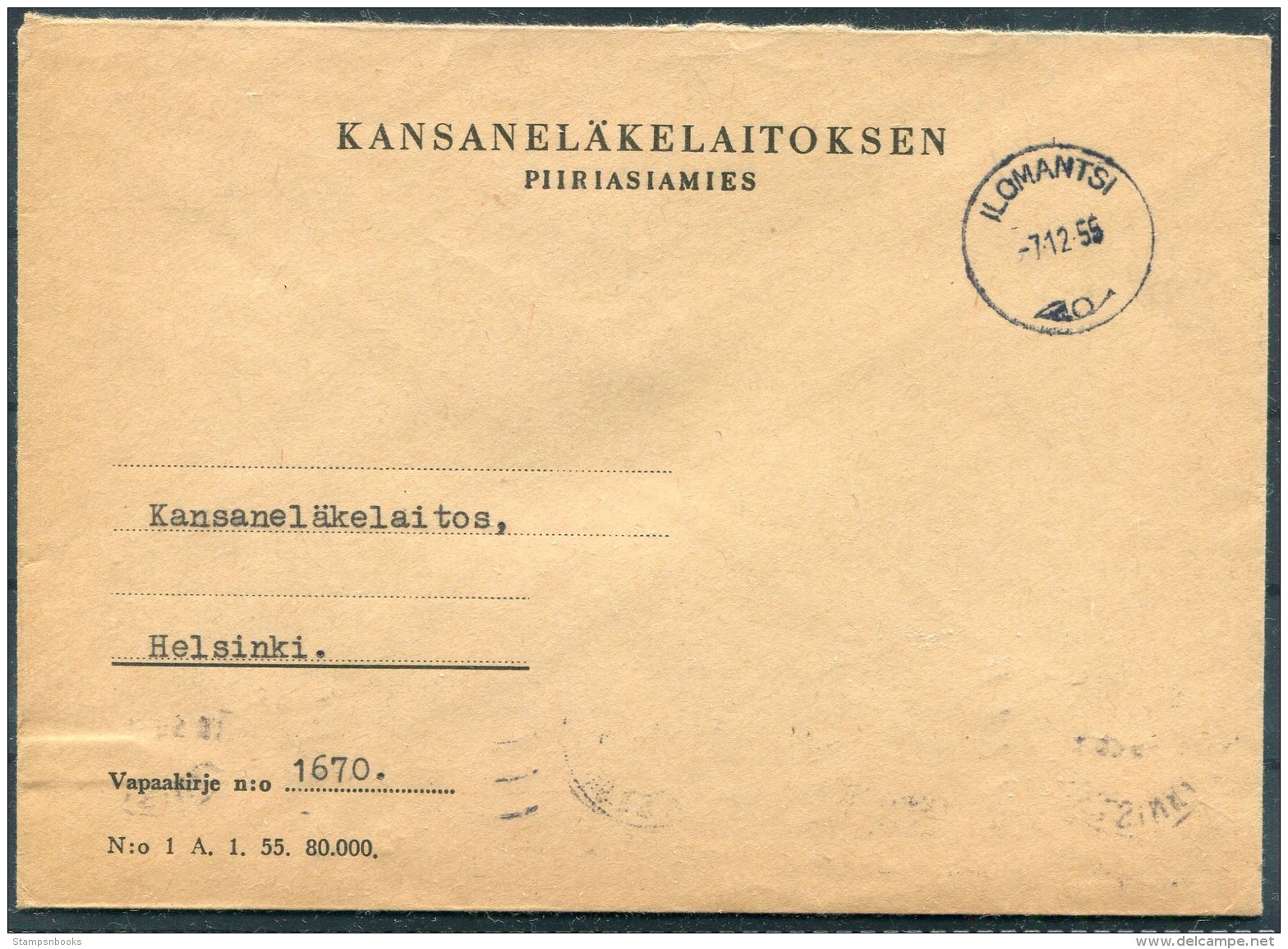 1955 Finland Kansanelakelaitoksen Ilomantsi Cover - Helsinki - Covers & Documents