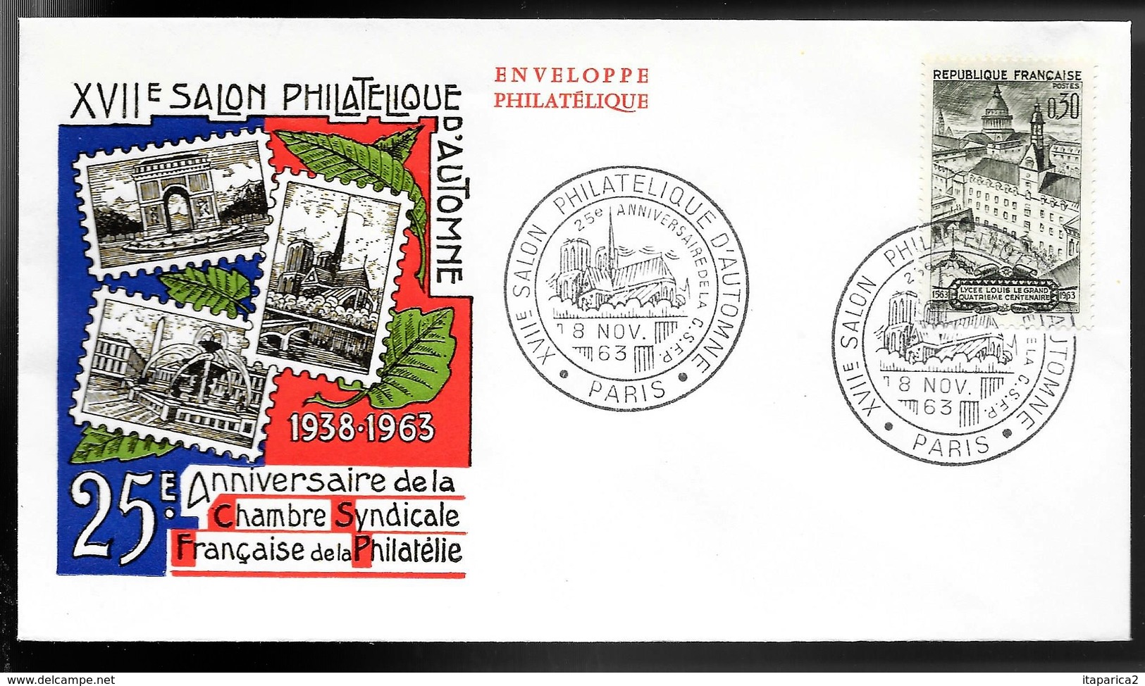 FRANCE 1963 ENVELOPPE FDC PREMIER JOUR N° 1388  25ème Salon Philatélique Lycée Louis Legrand / PARIS 08 / 11 /1963 - 1960-1969