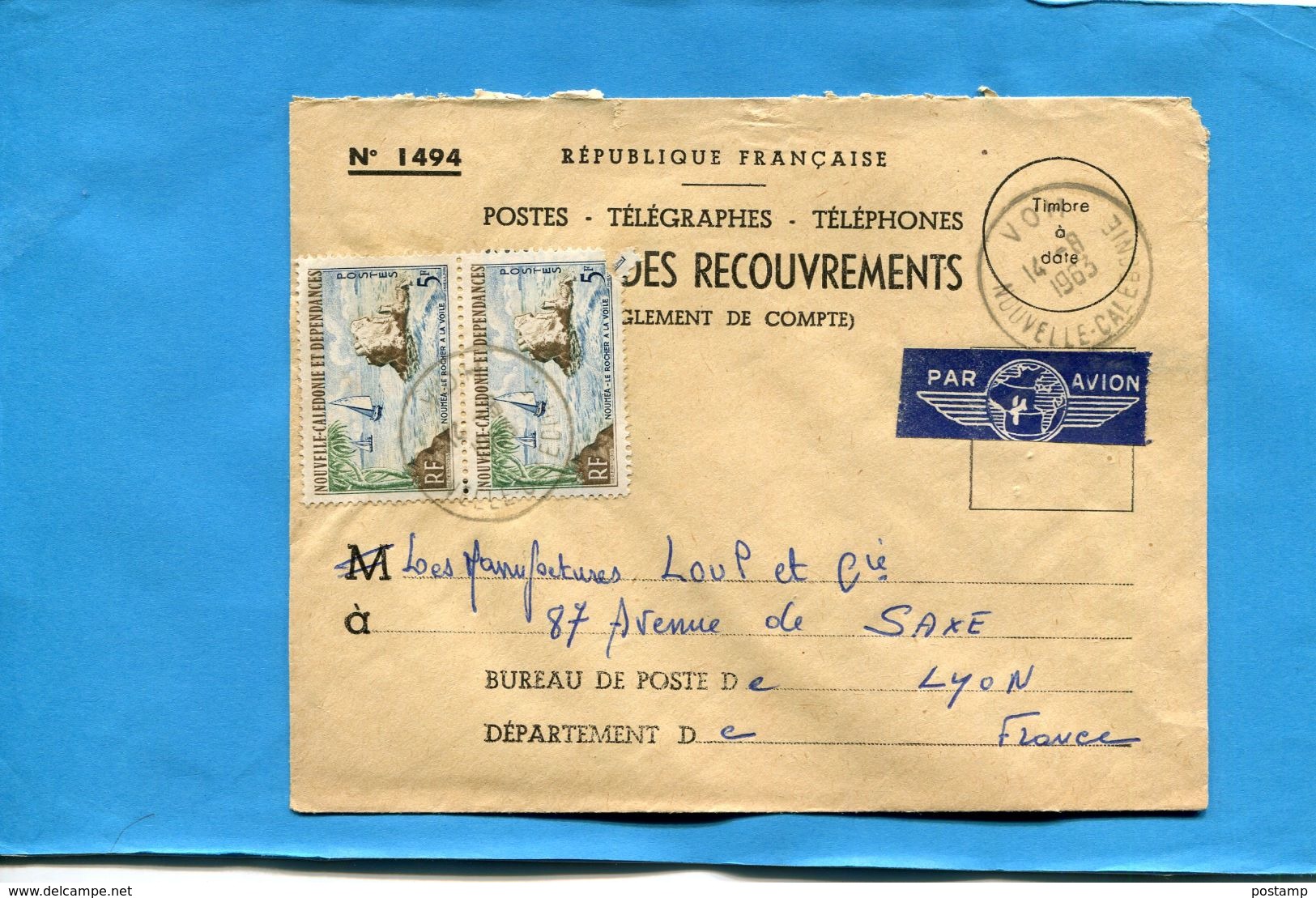 Marcophilie-Nouvelle Calédonie-lettre P TT Sce Recouvrements N°1494>Francecad VOM  1963-stamp N°303 - Covers & Documents