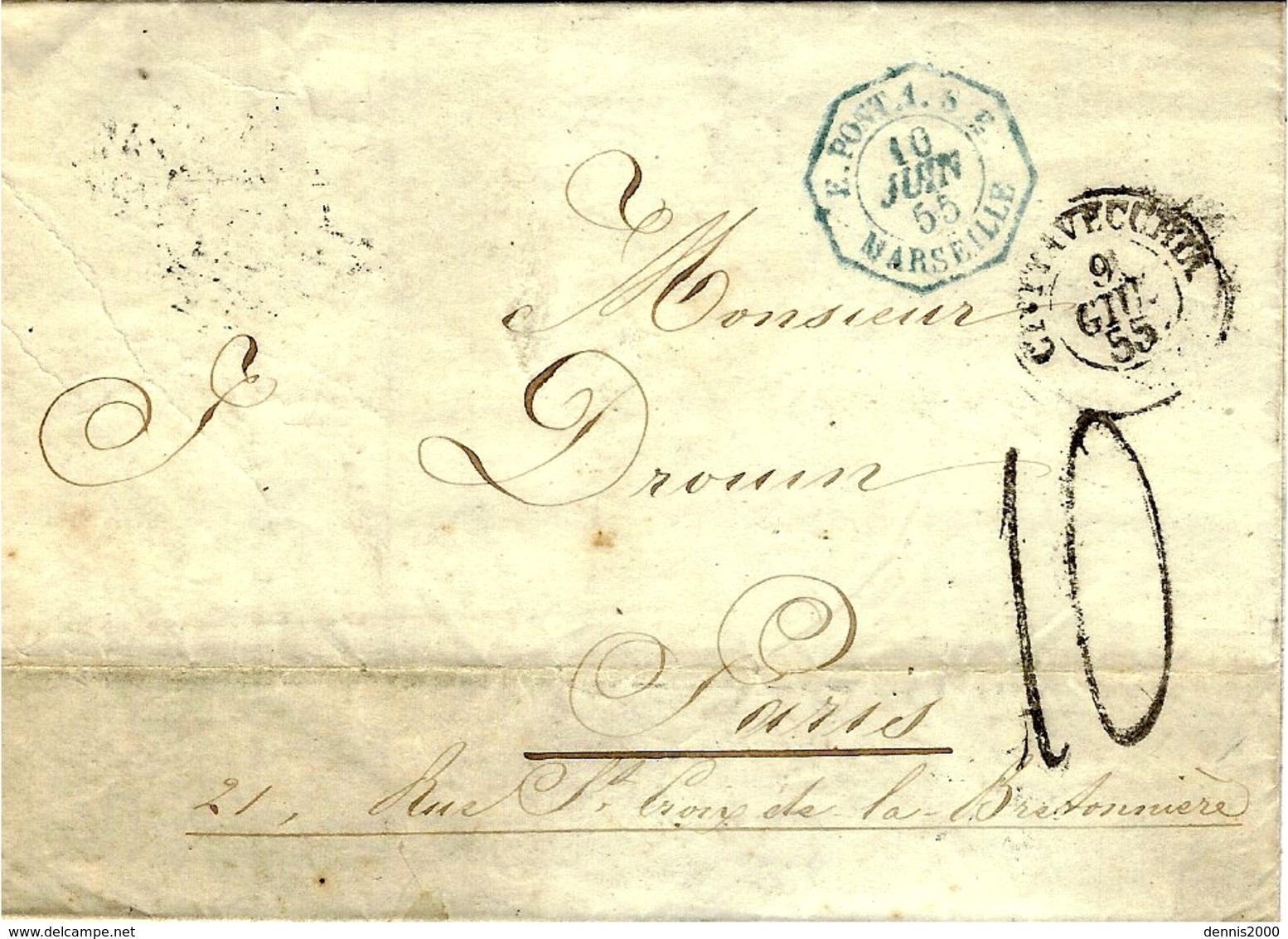 1855- Lettre De CIVITAVECCHIA  Pour Paris - Taxe 10 D  Entrée Cad Hexag. Bleu E.PONT.1 S E  / MARSEILLE - 1801-1848: Précurseurs XIX