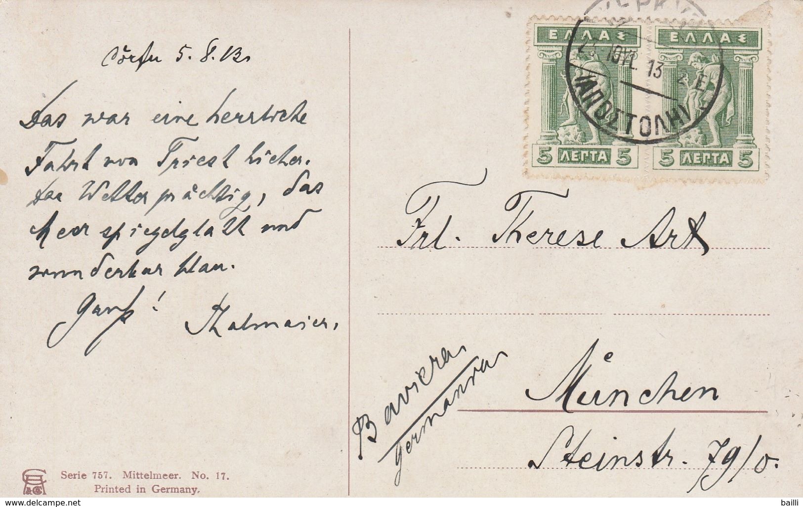 Grèce Carte Postale Corfou Pour L'Allemagne 1913 - Cartas & Documentos