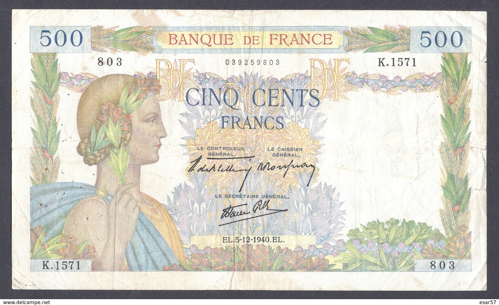 500 Francs La Paix 5-12-1940 - 500 F 1940-1944 ''La Paix''