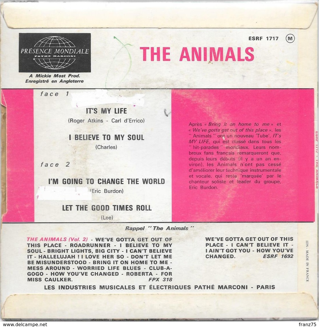 The ANIMALS- "It's My Life"  -Super 45 T (4 Titres)-Decca-BE - Disco, Pop