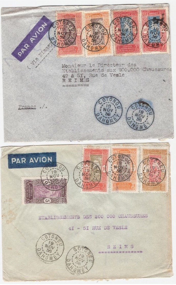 Lot 2 Lettres Affranchissement Variè- 8 Timbres -cachet COTONOU  SUPERBE DE 1938  - Lettres PAR AVION Pour La FRANCE - 2 - Lettres & Documents