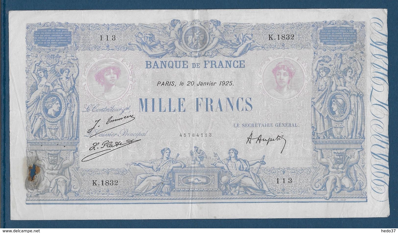 France 1000 Francs Bleu Et Rose - 20-1-1925 - Fayette N°36-41 - TB/TTB - 1 000 F 1889-1926 ''Bleu Et Rose''