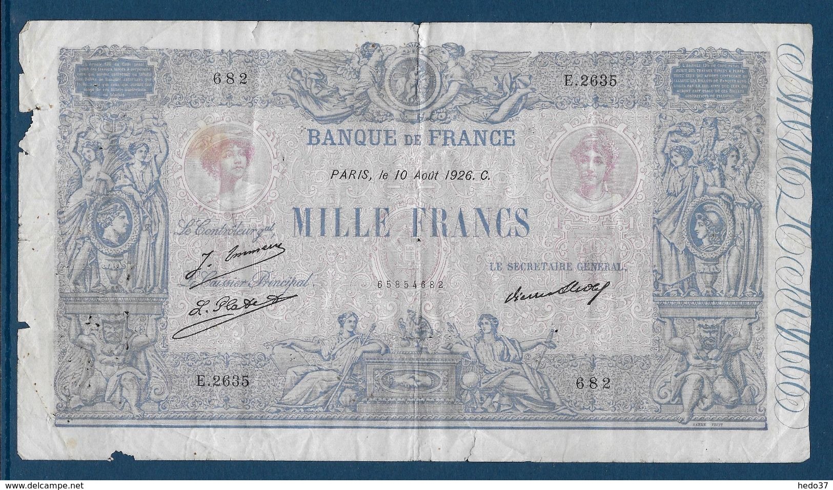 France 1000 Francs Bleu Et Rose - 10-8-1926 - Fayette N°36-43 - B - 1 000 F 1889-1926 ''Bleu Et Rose''