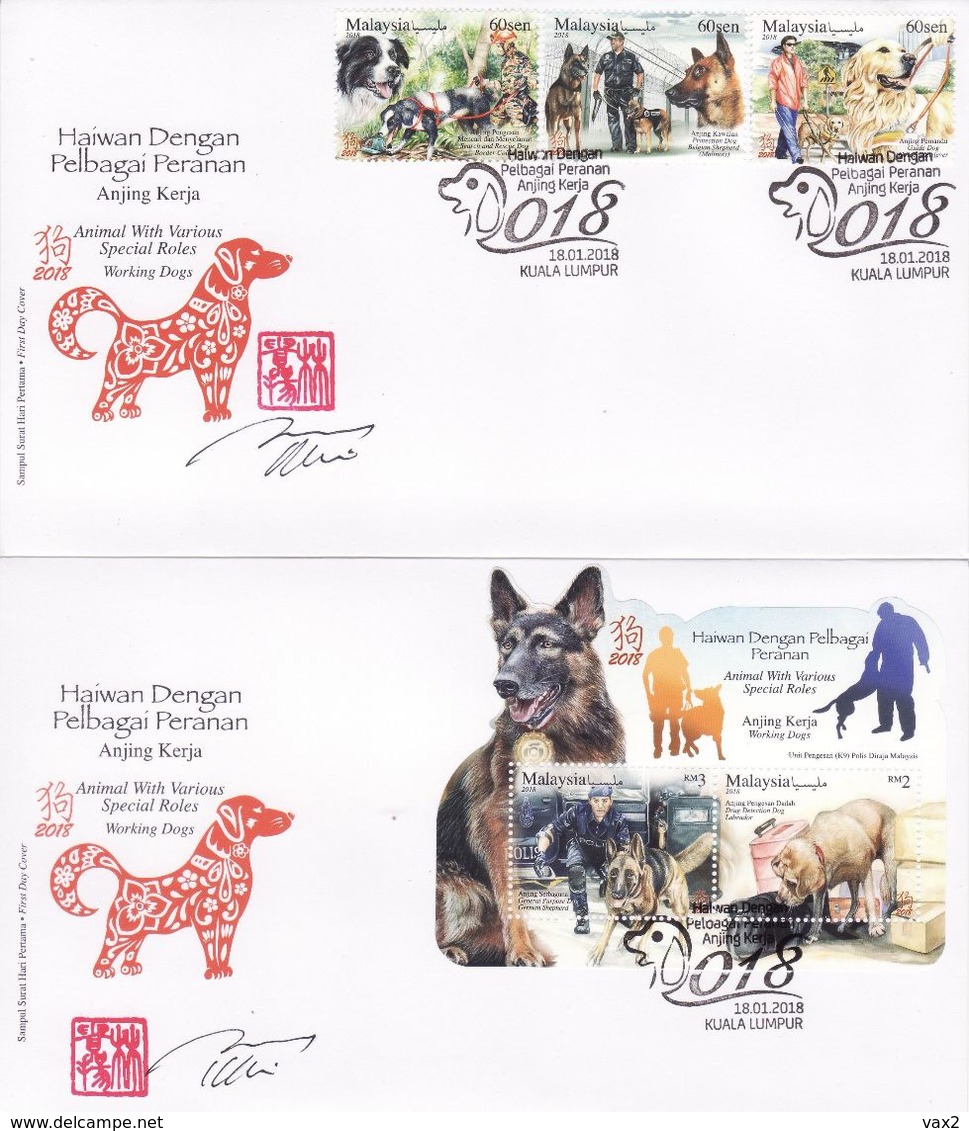 Malaysia 2018-1 Working Dogs Set+M/S FDC With Autograph Fauna Rescue Disabled Blind Railway Railway Police Drug Zodiac - Malesia (1964-...)