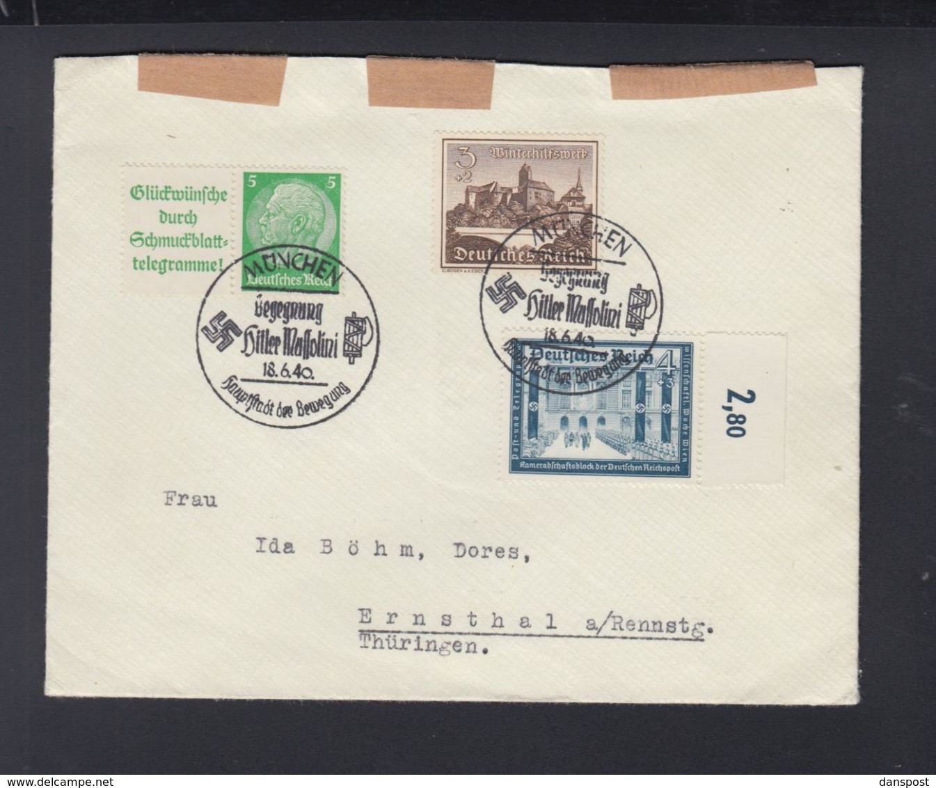 Dt. Reich Brief 1940 ZD Sonderstempel Begegnung Hitler Mussolini - Briefe U. Dokumente