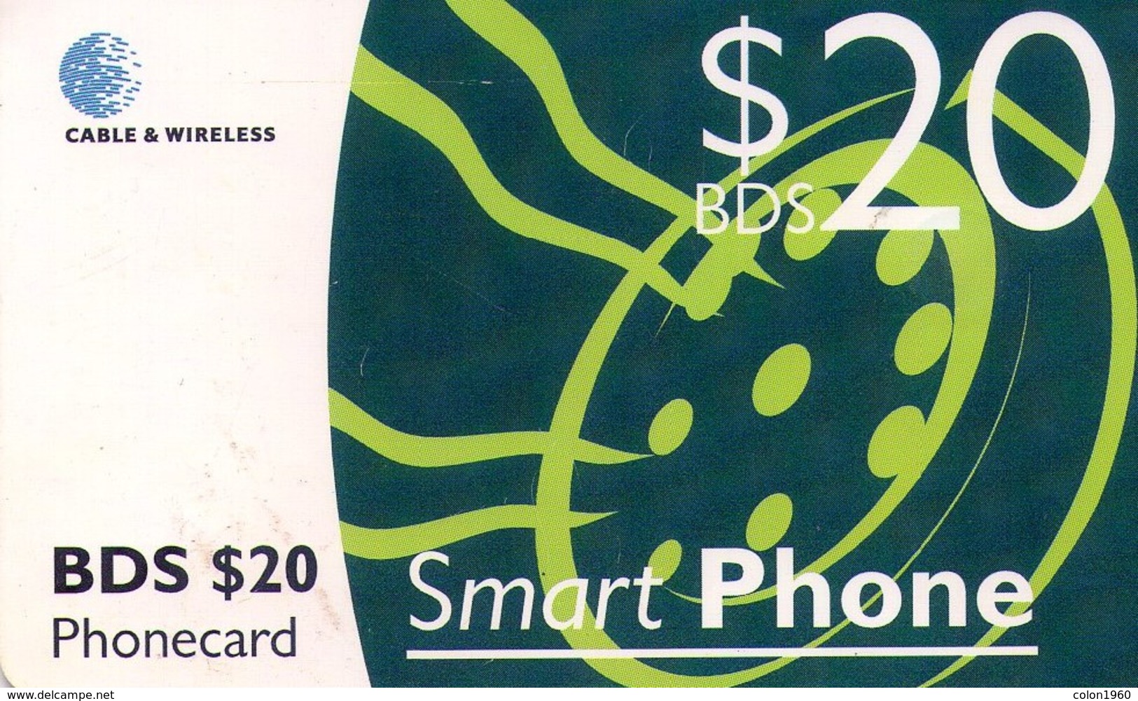 BARBADOS. BAR-C2b. Green Smart Phone. 20 BDS. 2000. (002) - Barbados