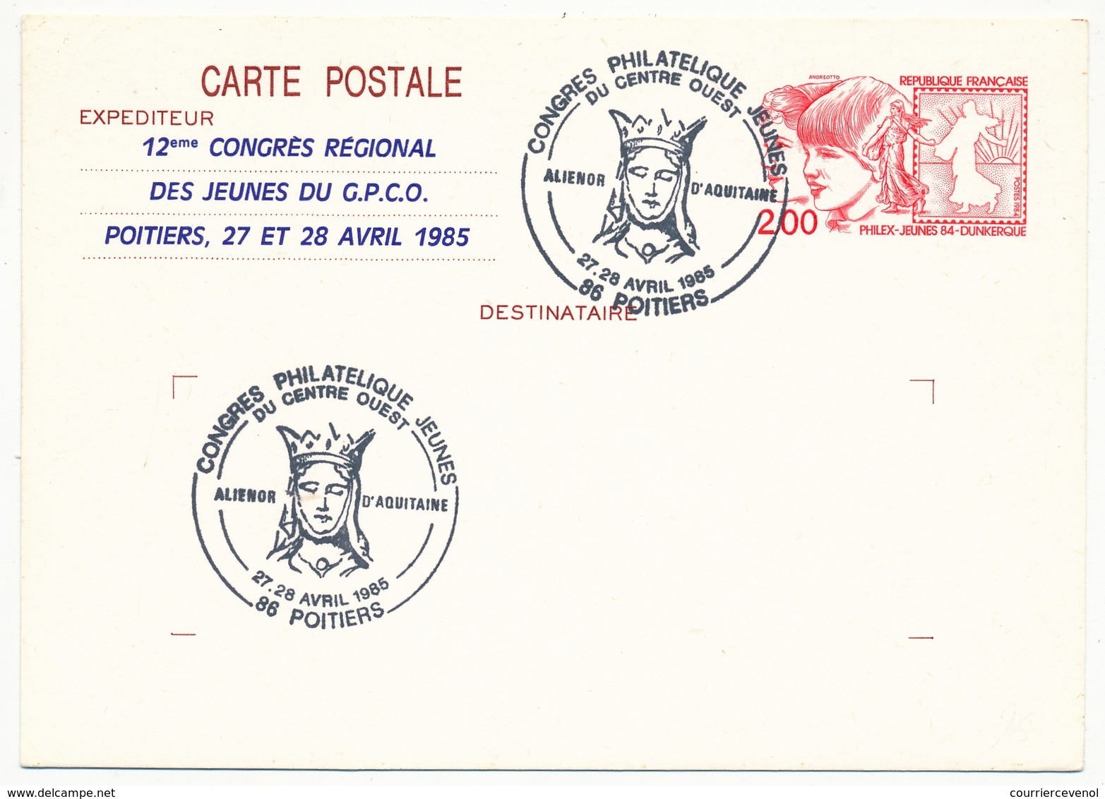 Entier Repiqué - 2,00 Philexjeunes - Congrès Régional Du G.P.C.O - Poitiers 1985 - Cartes Postales Repiquages (avant 1995)