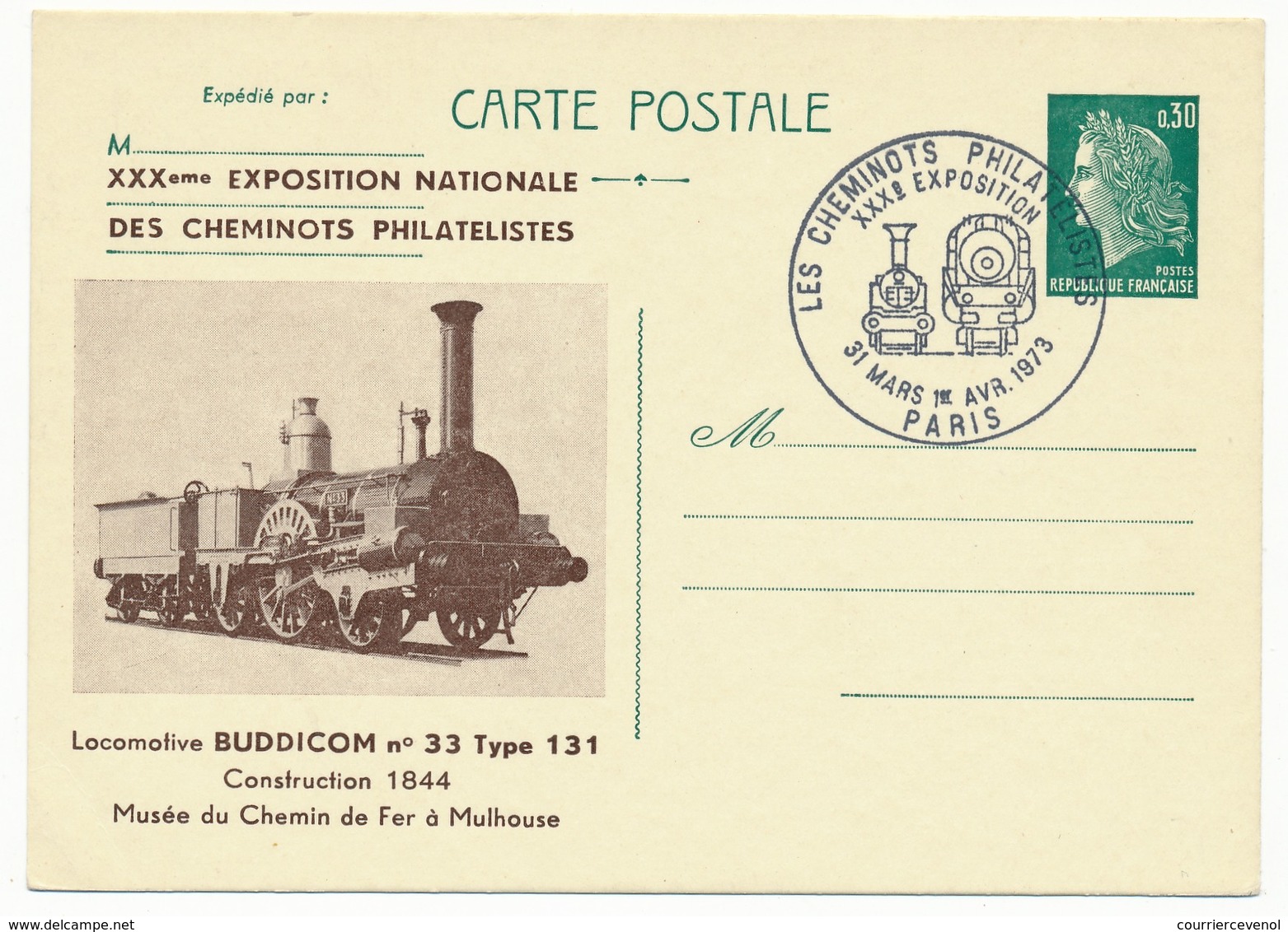 FRANCE - Entier Repiqué "XXXeme Exp Nat Cheminots Philatélistes" Locomotive Buddicom N°33 Type 131 - Paris 1973 - Overprinter Postcards (before 1995)