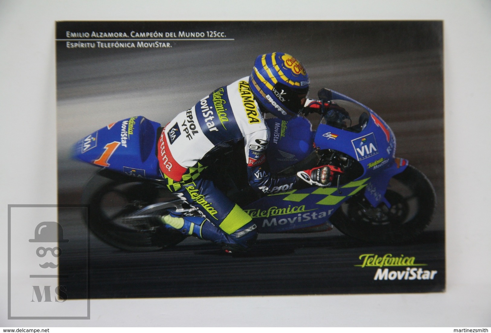 Embossed Advertising Postcard - Telefonica Movistar - Emilio Alzamora World Champion 125cc Motorcycle Racing - Motorbikes