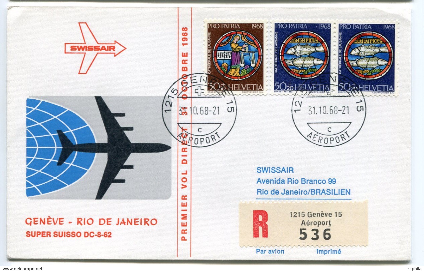 RC 6615 SUISSE 1968 1er VOL SWISSAIR GENEVE - RIO DE JANEIRO BRESIL FFC LETTRE COVER - Eerste Vluchten