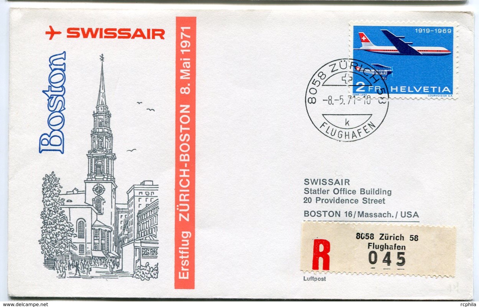 RC 6616 SUISSE 1971 1er VOL SWISSAIR ZURICH - BOSTON USA FFC LETTRE COVER - Primi Voli