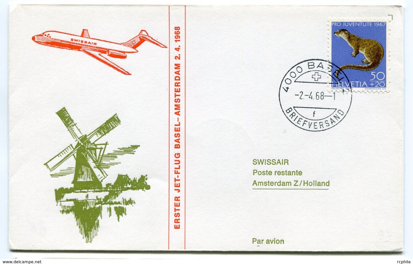 RC 6618 SUISSE 1968 1er VOL SWISSAIR BASEL - AMSTERDAM PAYS BAS FFC LETTRE COVER - Premiers Vols