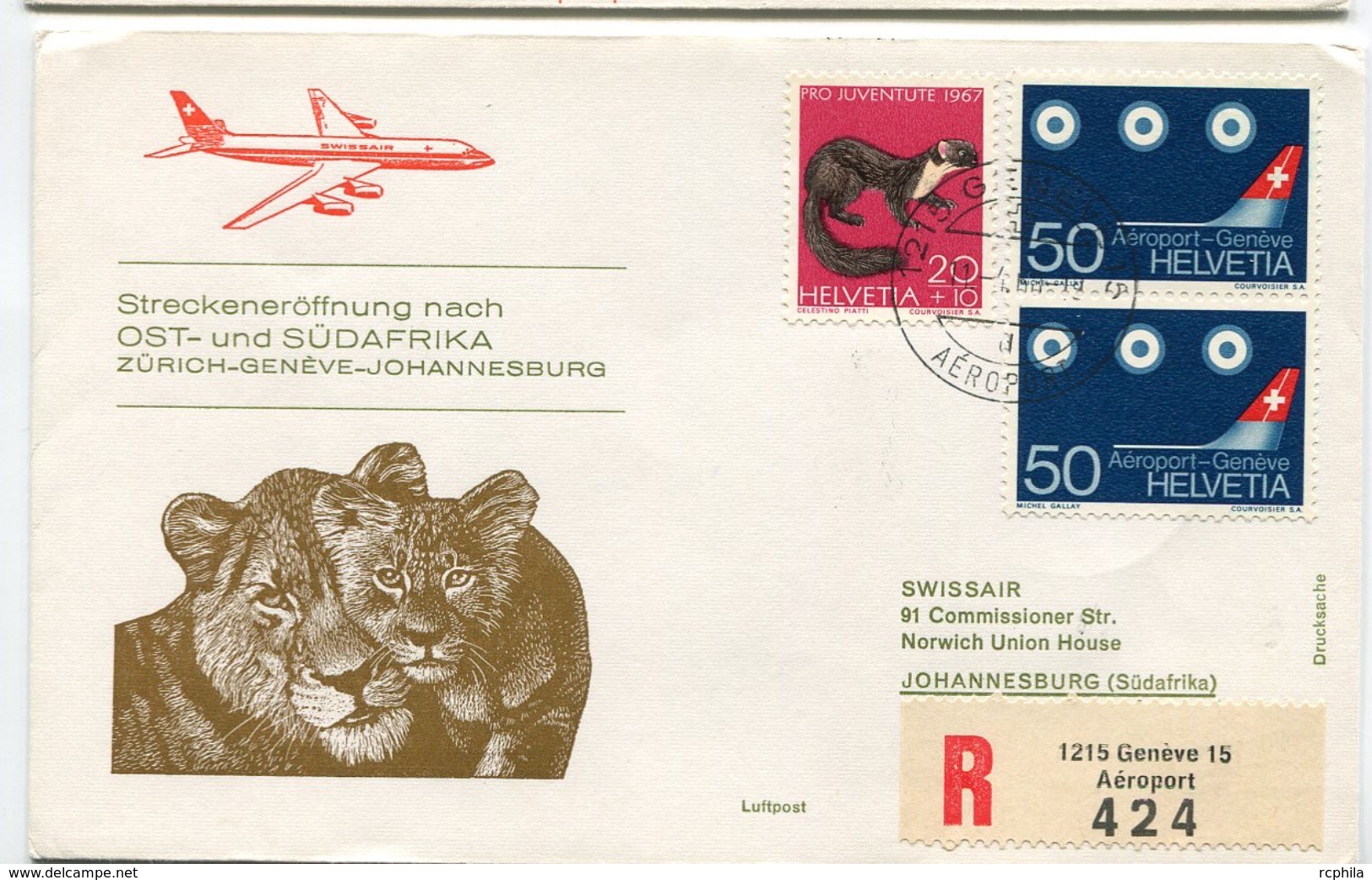 RC 6619 SUISSE 1968 1er VOL SWISSAIR ZURICH GENEVE - JOHANNESBURG AFRIQUE DU SUD LION FFC LETTRE COVER - Primeros Vuelos