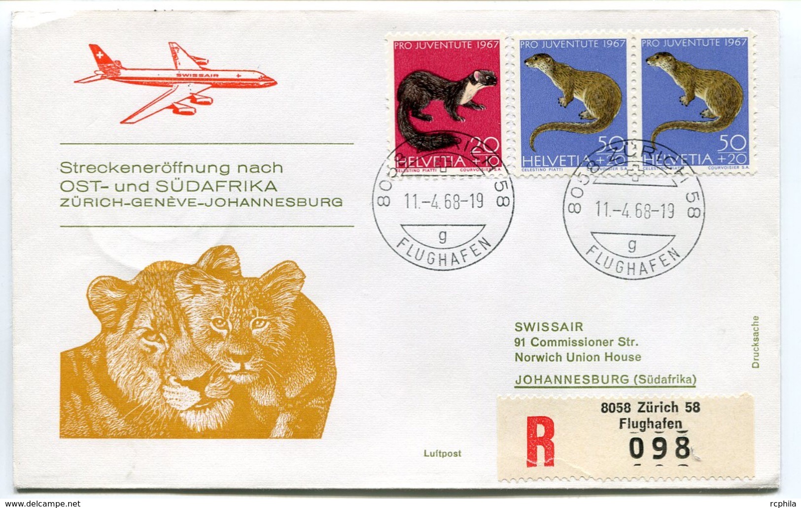 RC 6620 SUISSE 1968 1er VOL SWISSAIR ZURICH GENEVE - JOHANNESBURG AFRIQUE DU SUD LION FFC LETTRE COVER - Erst- U. Sonderflugbriefe