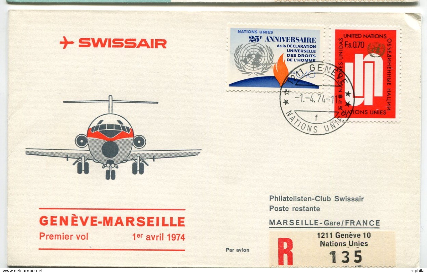 RC 6622 SUISSE 1974 1er VOL SWISSAIR GENEVE - MARSEILLE FRANCE FFC LETTRE COVER - Primi Voli