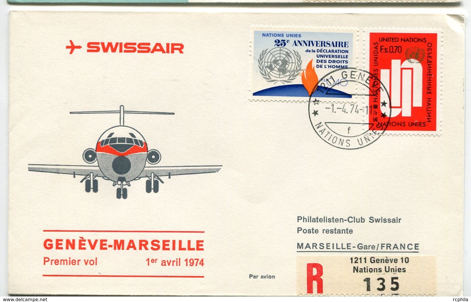 RC 6622 SUISSE 1974 1er VOL SWISSAIR GENEVE - MARSEILLE FRANCE FFC LETTRE COVER - Premiers Vols