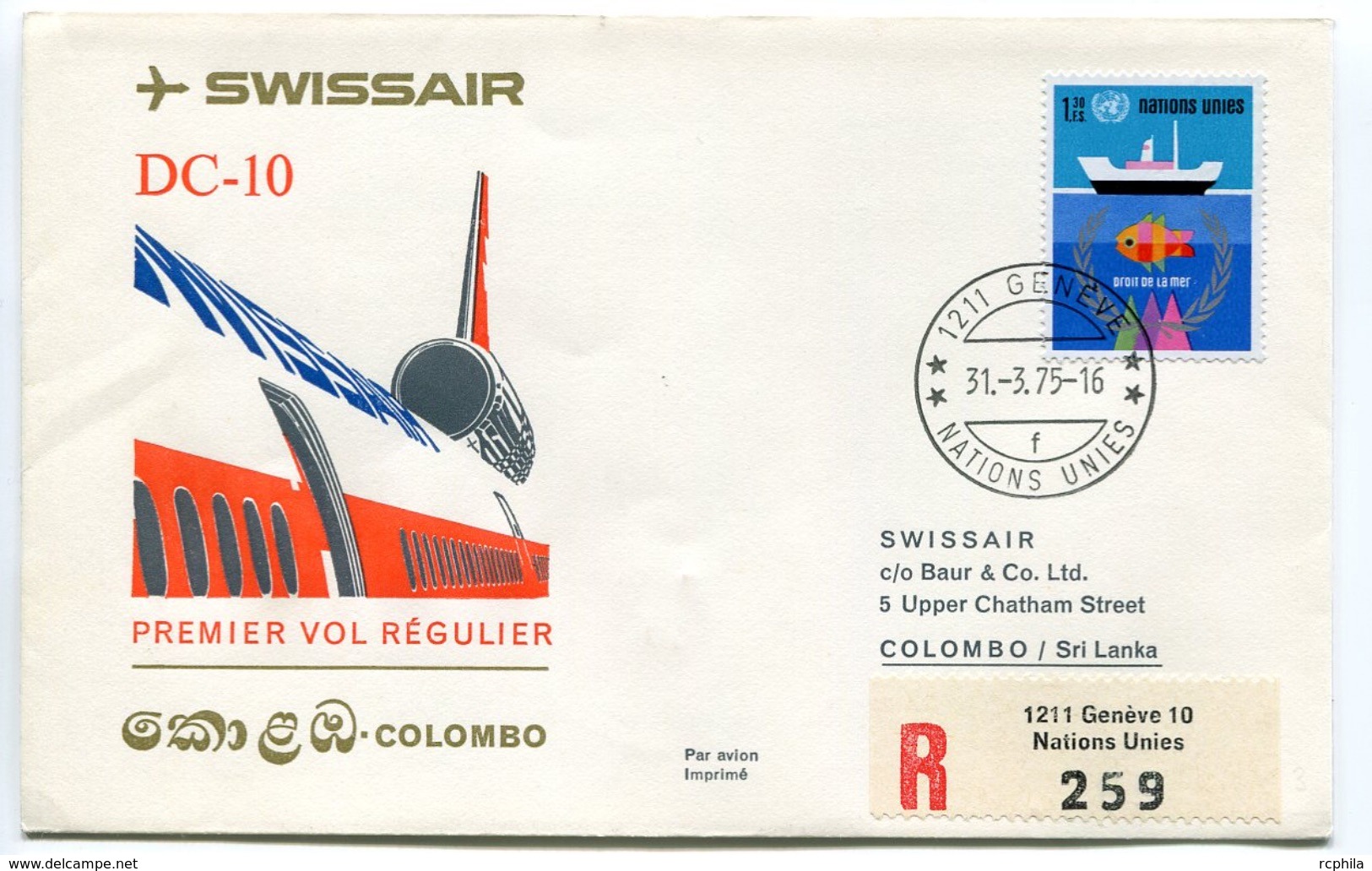RC 6623 SUISSE 1975 1er VOL SWISSAIR GENEVE - COLOMBO SRI LANKA FFC LETTRE COVER - Eerste Vluchten