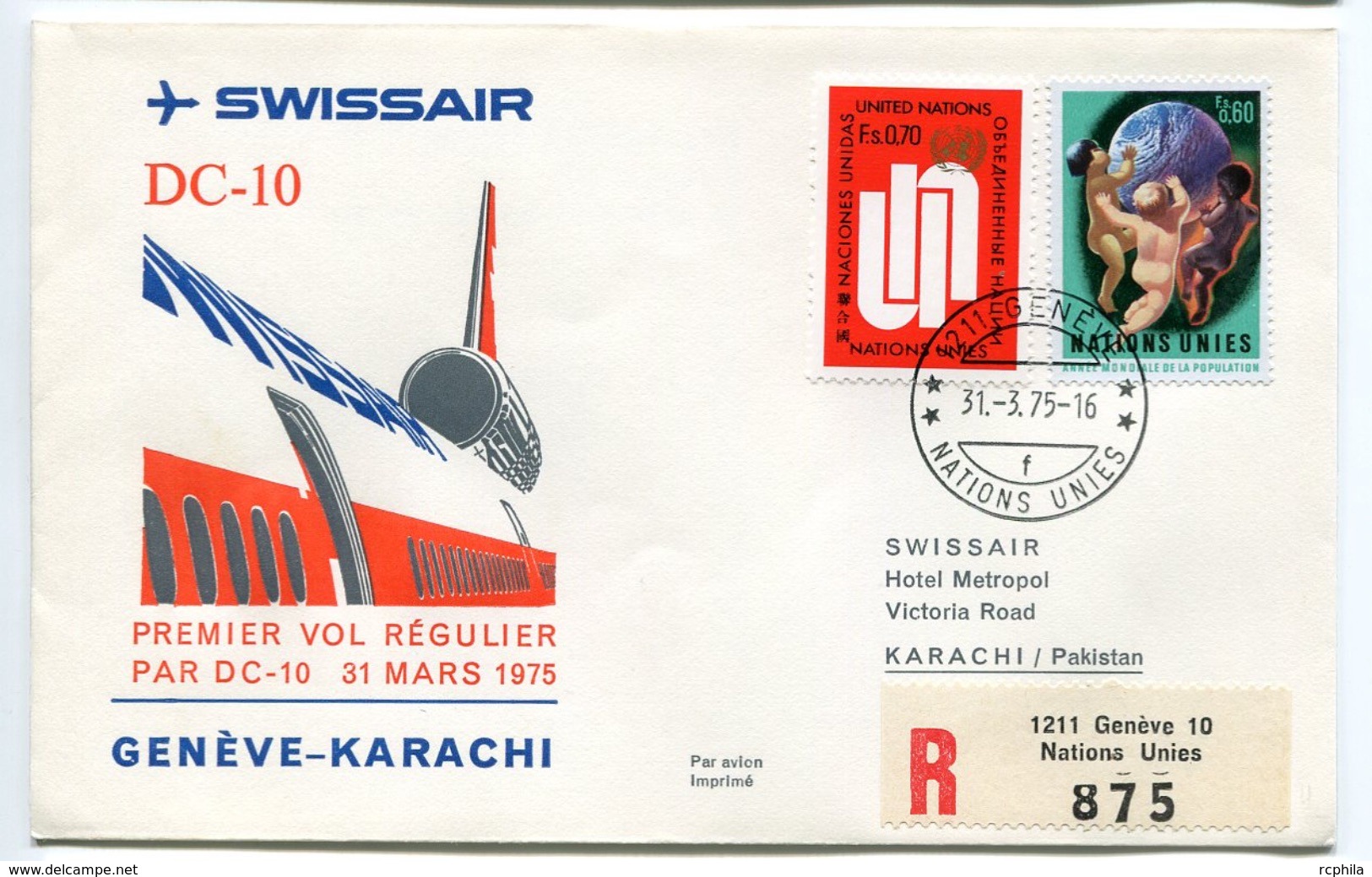 RC 6624 SUISSE 1975 1er VOL SWISSAIR GENEVE - KARACHI PAKISTAN FFC LETTRE COVER - Primeros Vuelos