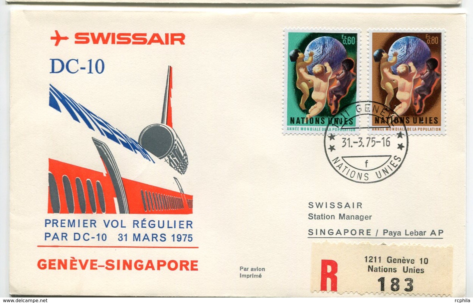 RC 6625 SUISSE 1975 1er VOL SWISSAIR GENEVE - SINGAPORE SINGAPOUR FFC LETTRE COVER - First Flight Covers