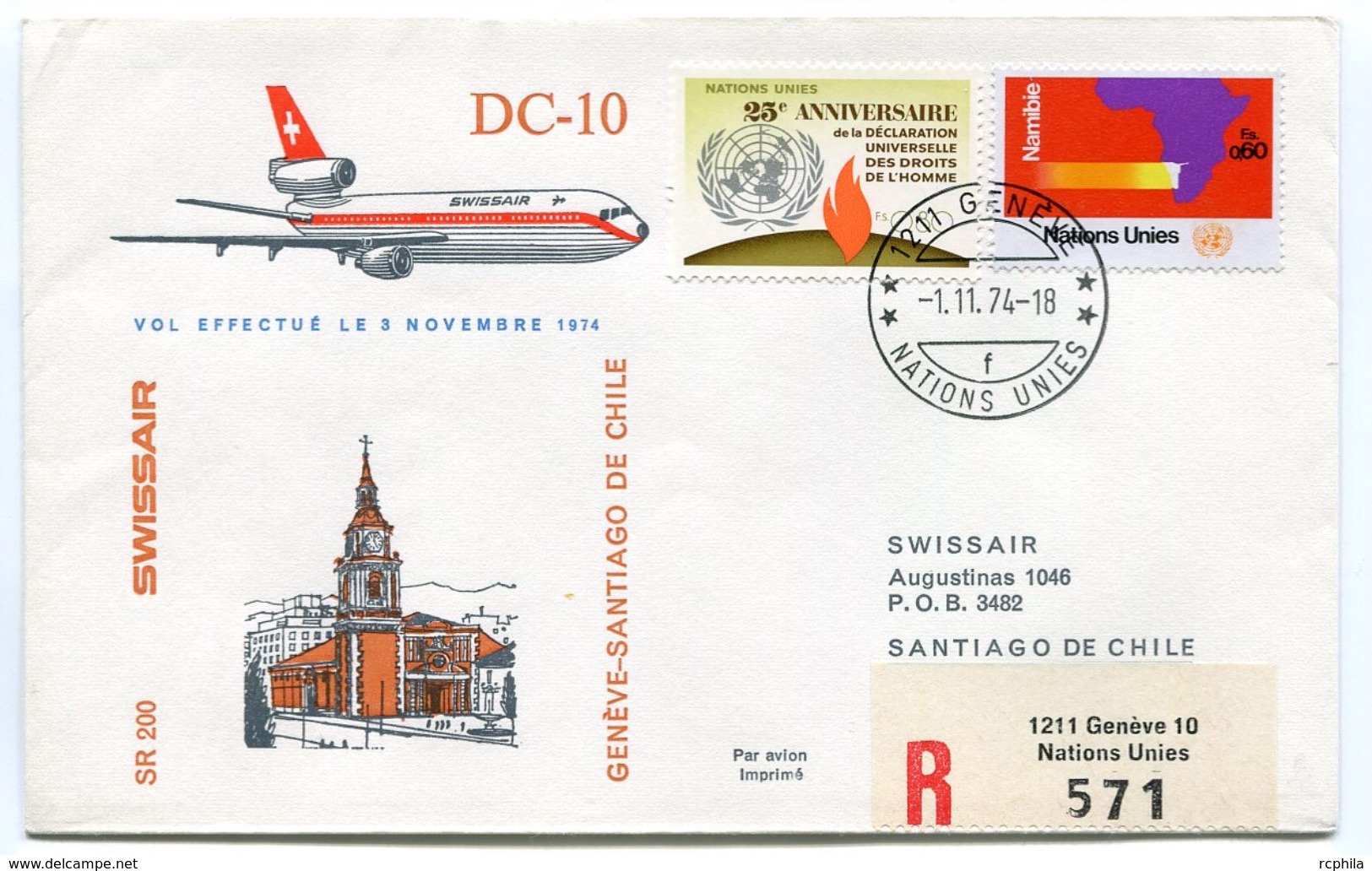 RC 6626 SUISSE 1974 1er VOL SWISSAIR GENEVE - SANTIAGO DE CHILE CHILI FFC LETTRE COVER - Erst- U. Sonderflugbriefe