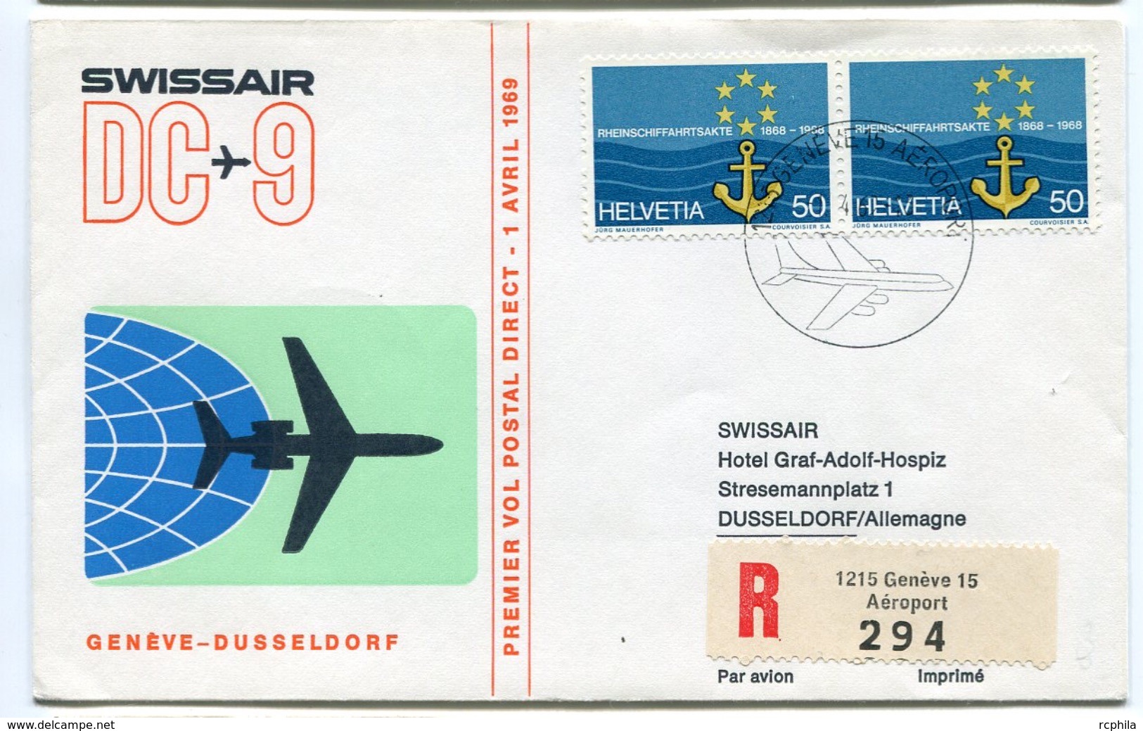 RC 6627 SUISSE 1969 1er VOL SWISSAIR GENEVE - DUSSELDORF ALLEMAGNE FFC LETTRE COVER - Eerste Vluchten