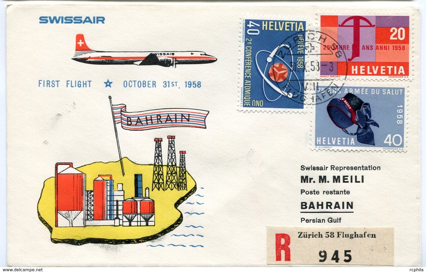 RC 6628 SUISSE 1958 1er VOL SWISSAIR ZURICH - BAHRAIN GULF PERSIQUE FFC LETTRE COVER - First Flight Covers