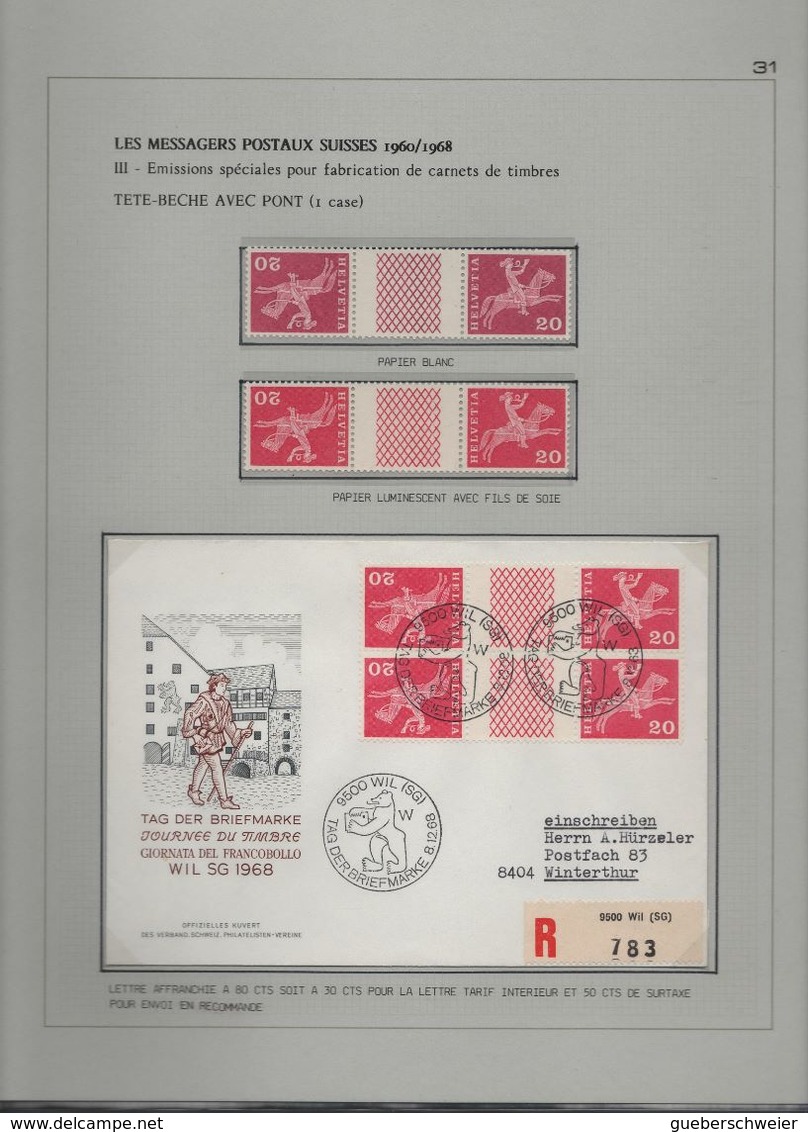 EXCEPTIONNEL Collection de concours "Les Messagers Postaux Suisses 1960/68" sur 52 pages d'album avec classeur + boitier