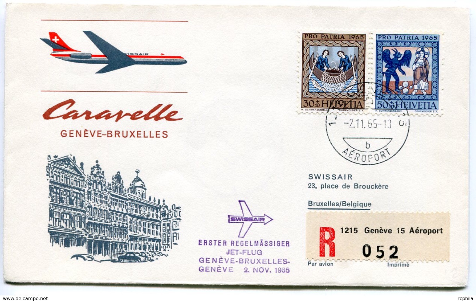 RC 6629 SUISSE 1965 1er VOL SWISSAIR GENEVE - BRUXELLES BELGIQUE PAR CARAVELLE FFC LETTRE COVER - Premiers Vols