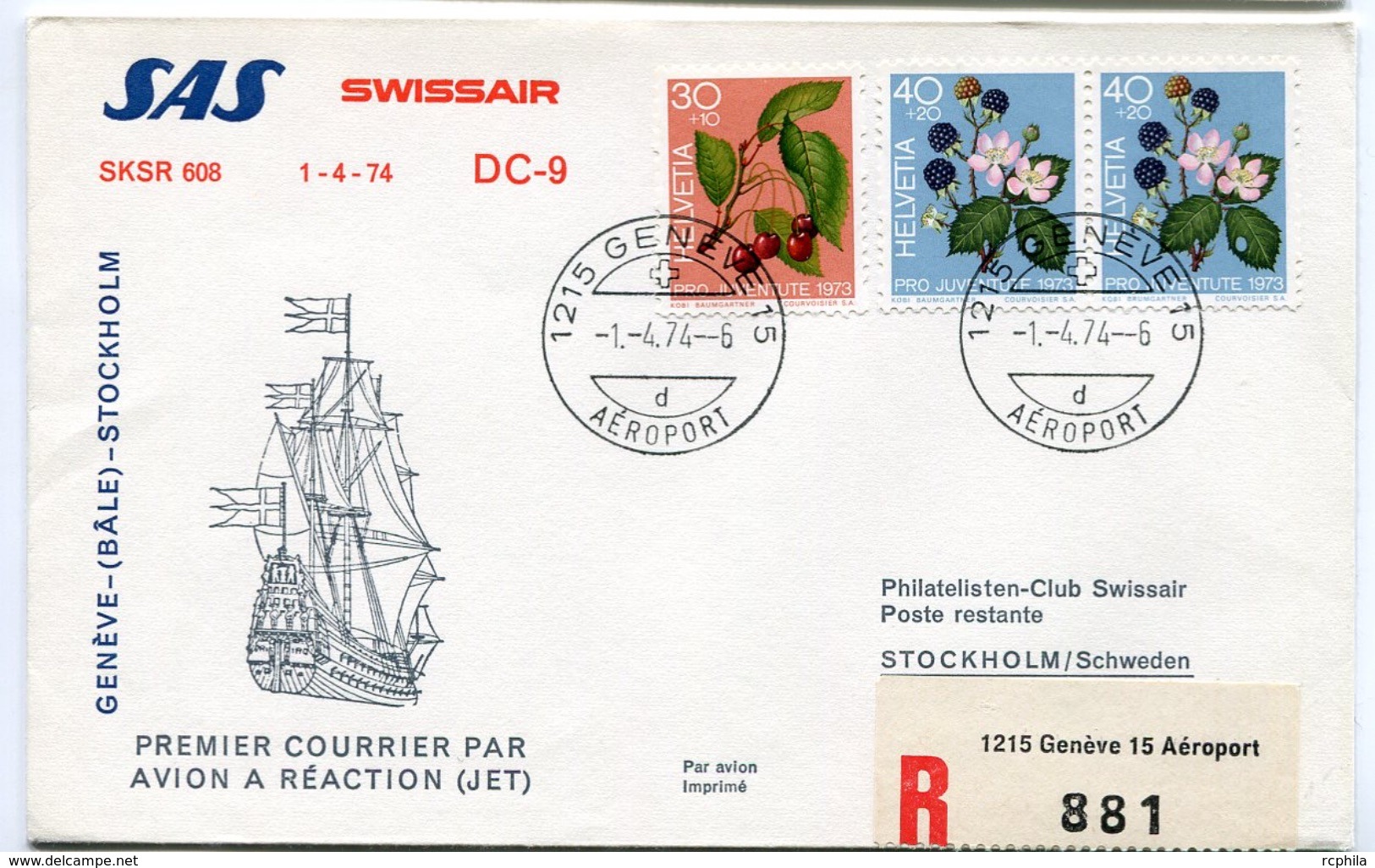 RC 6631 SUISSE 1974 1er VOL SWISSAIR SAS GENEVE - STOCKHOLM SUEDE FFC LETTRE COVER - Primeros Vuelos