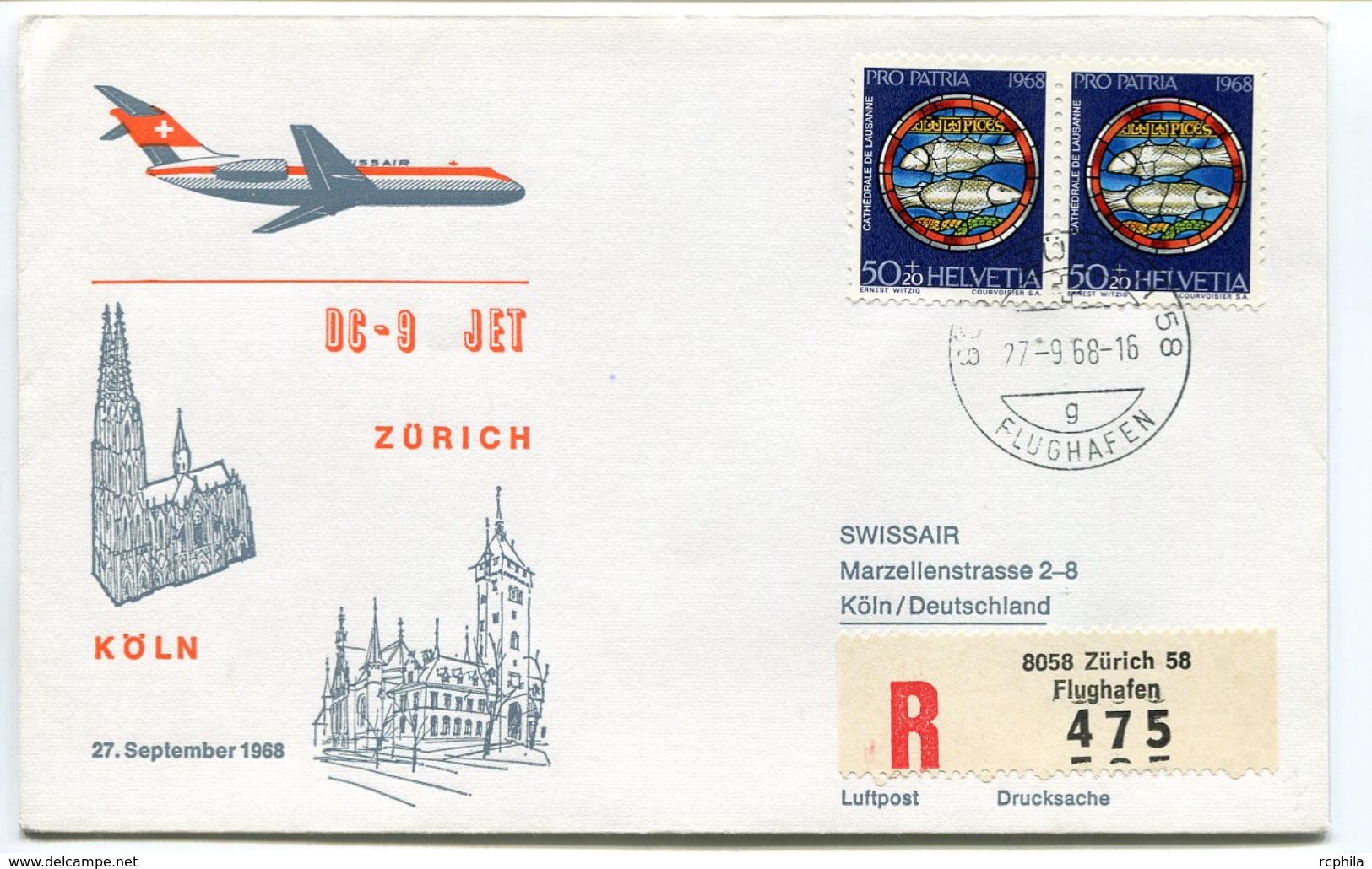 RC 6632 SUISSE 1968 1er VOL SWISSAIR ZURICH - KOLN ALLEMAGNE DC-9 FFC LETTRE COVER - Premiers Vols