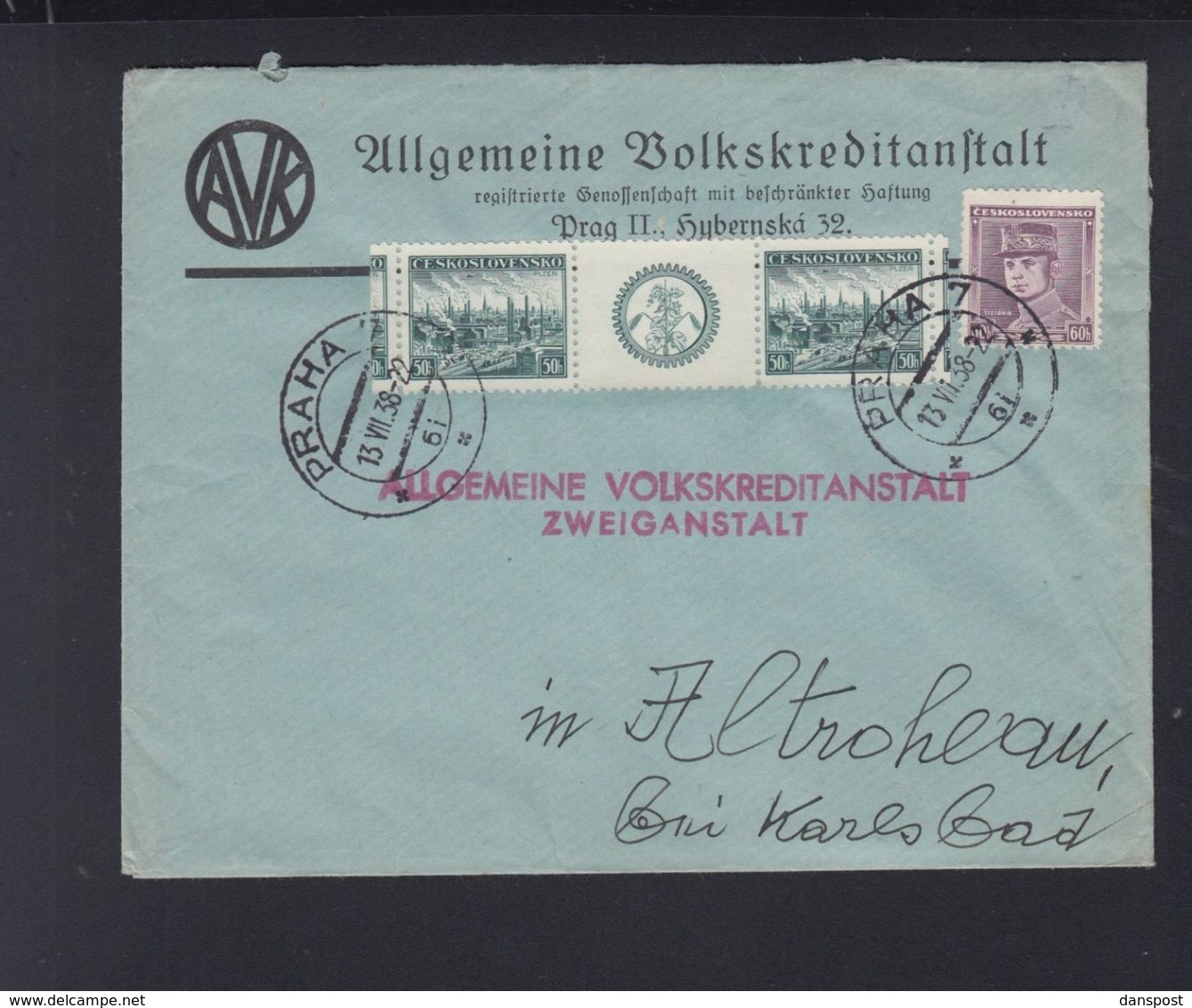 Czechoslovakia Cover 1938 Praha To Karlsbad - Covers & Documents