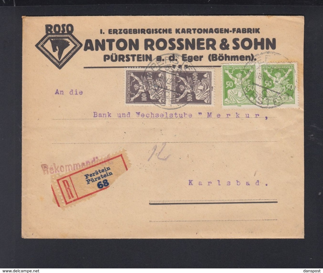 Czechoslovakia Cover 1922 Perstein To Karlsbad - Covers & Documents