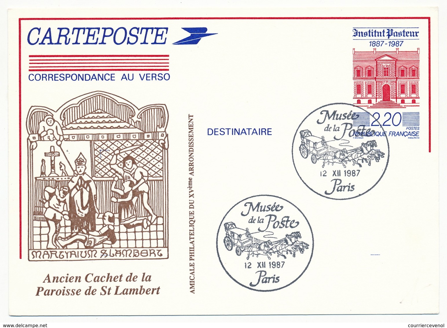 Entier Repiqué - 2,20 Institut Pasteur - Paroisse St LAMBERT (Paris) - Musée De La Poste 1987 - Cartoline Postali Ristampe (ante 1955)