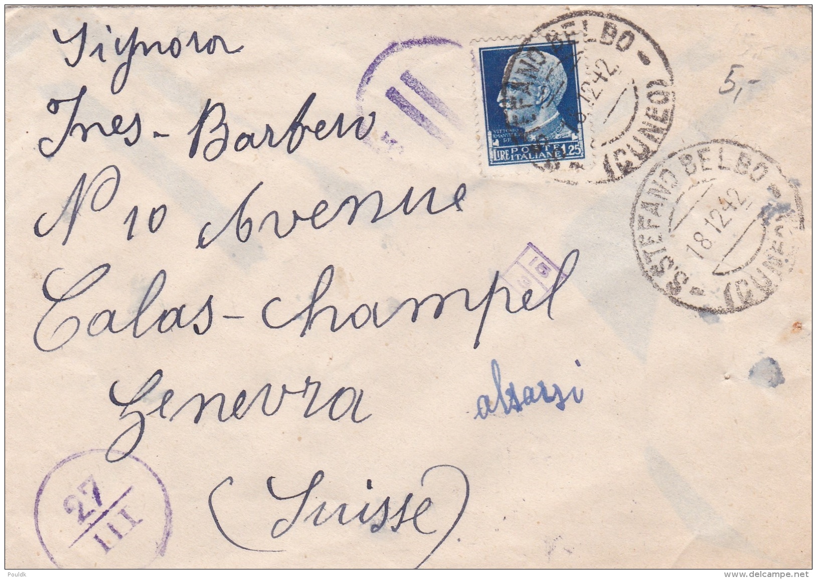 Censored Cover Posted S.Stefano Belbo (Cuneo) 18.12.1942 To Geneve In Switzerland - Censored - Cover Only   (DD17-21) - Militaria