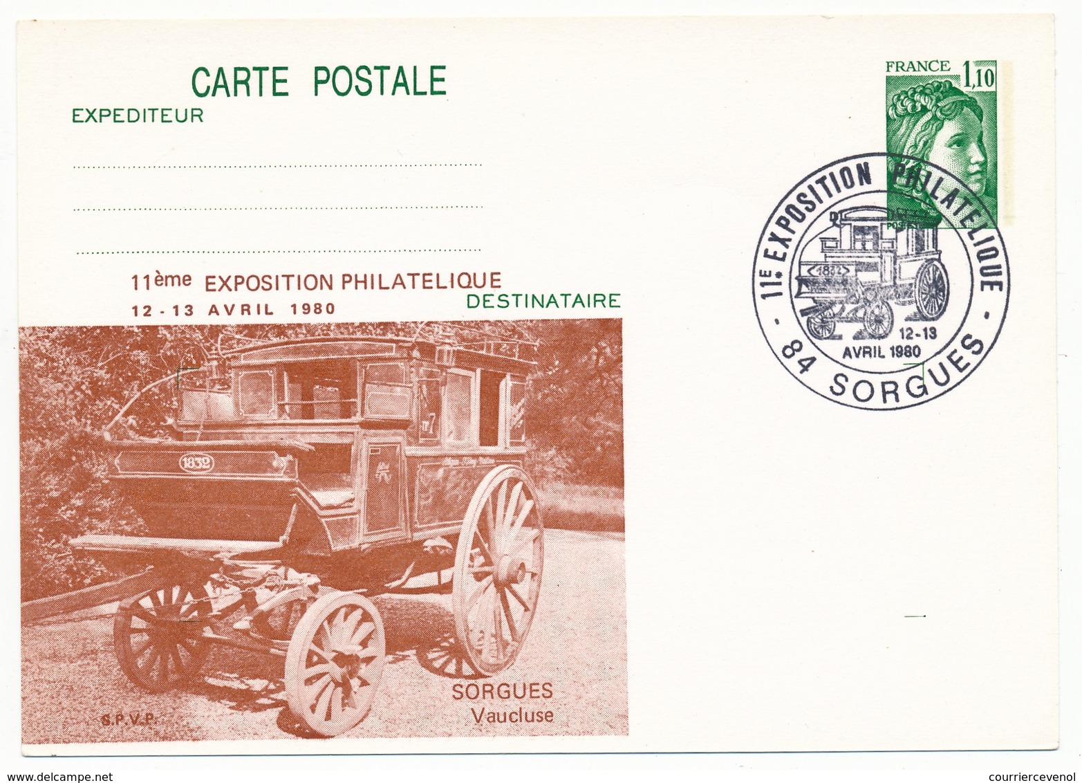 Entier Repiqué - 1,10 Sabine - 11eme Expo Philatélique - 84 SORGUES - 1980 (Tacot) - Cartes Postales Repiquages (avant 1995)