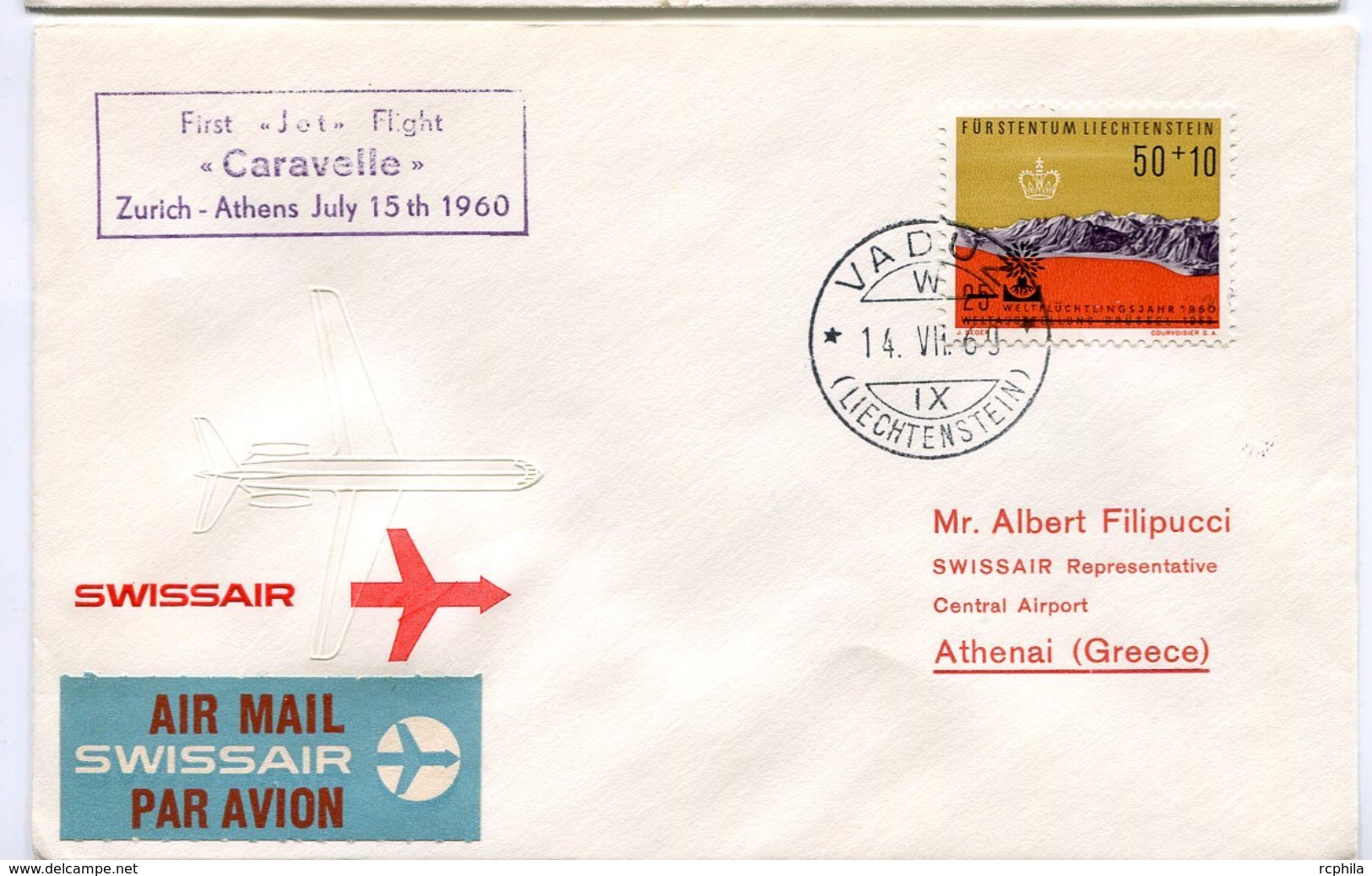 RC 6637 SUISSE 1960 1er VOL SWISSAIR ZURICH - ATHENS GRECE CARAVELLE LIECHTENSTEIN FFC LETTRE COVER - Eerste Vluchten