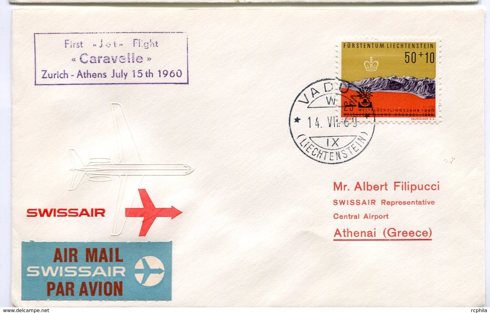 RC 6637 SUISSE 1960 1er VOL SWISSAIR ZURICH - ATHENS GRECE CARAVELLE LIECHTENSTEIN FFC LETTRE COVER - Erst- U. Sonderflugbriefe