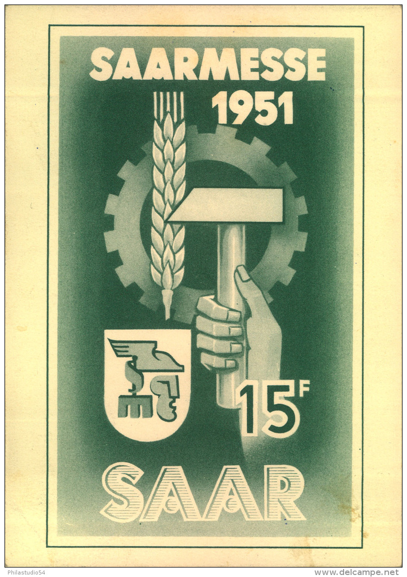 1951, Saarmesse, Werbekarte Mit 2-mal 15 Fr. Und Ersttagssonderstempel Ab SAARBRÜCKEN Nach Frankreich. - Storia Postale