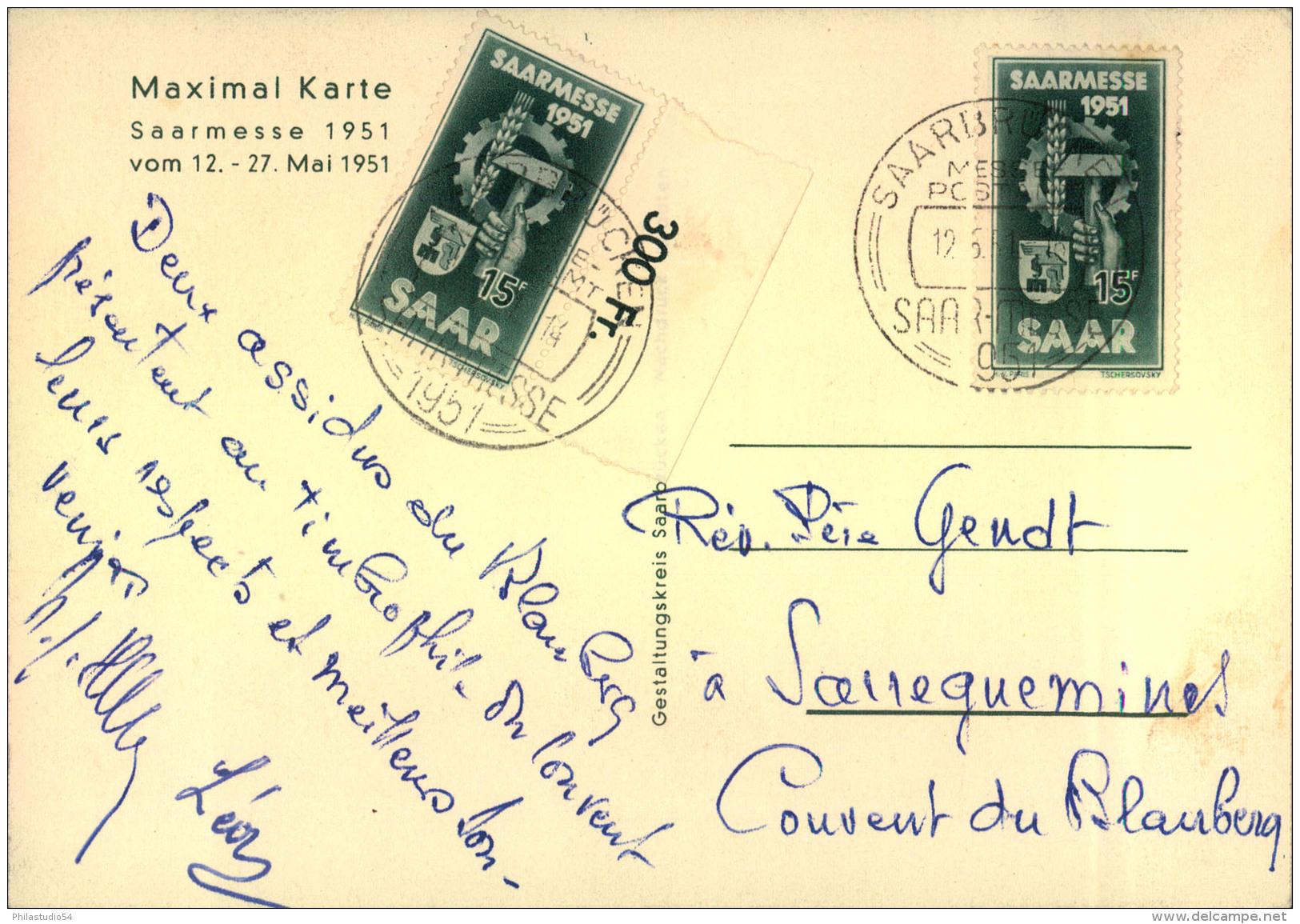 1951, Saarmesse, Werbekarte Mit 2-mal 15 Fr. Und Ersttagssonderstempel Ab SAARBRÜCKEN Nach Frankreich. - Briefe U. Dokumente