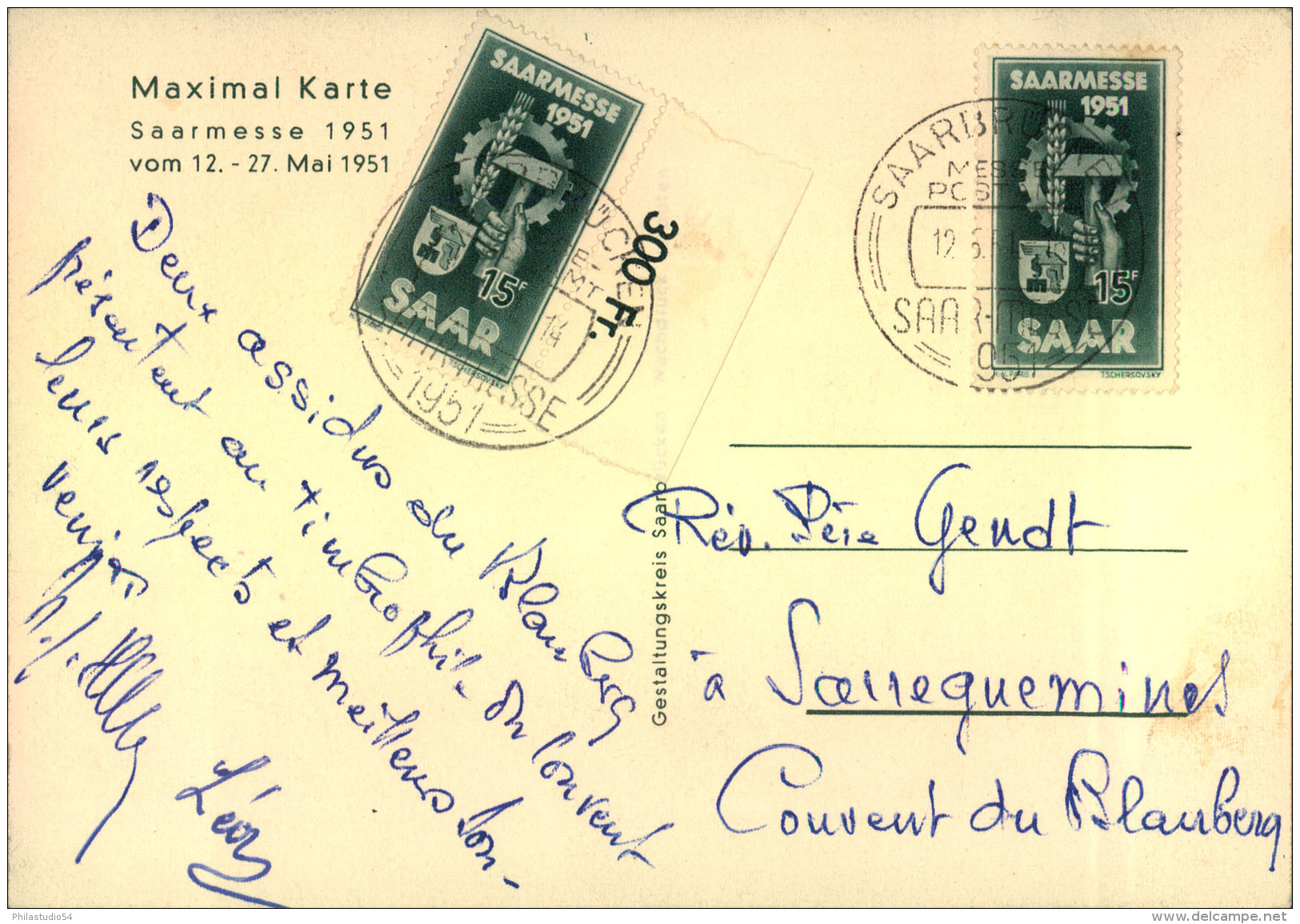 1951, Saarmesse, Werbekarte Mit 2-mal 15 Fr. Und Ersttagssonderstempel Ab SAARBRÜCKEN Nach Frankreich. - Lettres & Documents