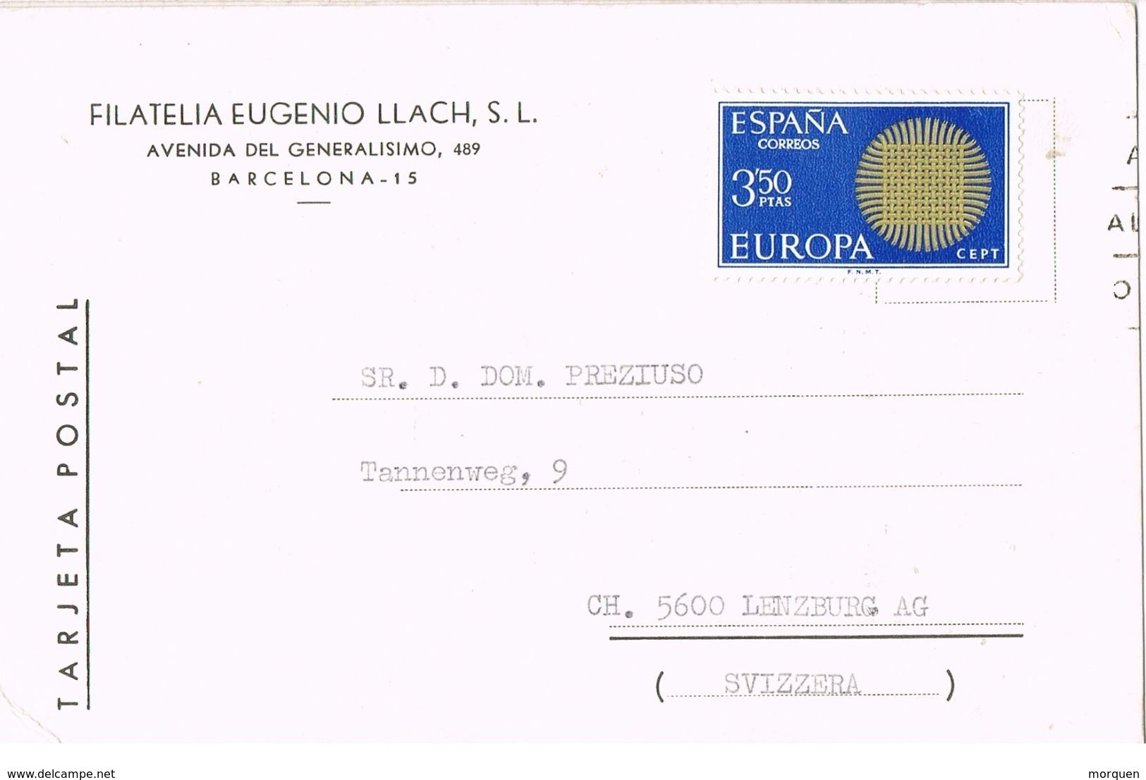 27205. Tarjeta Privada Filatelia LLACH, Barcelona 1970. Tema EUROPA - Cartas & Documentos