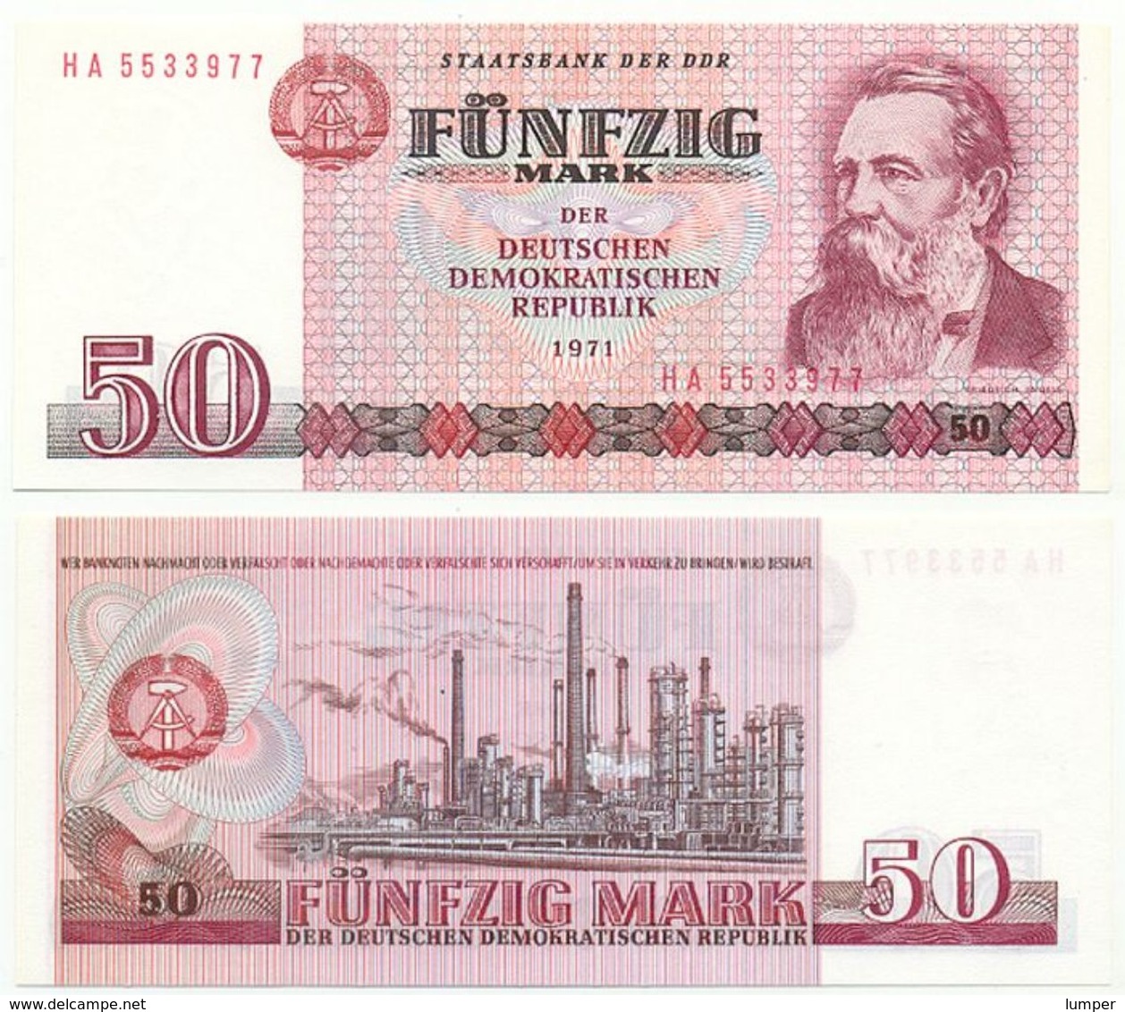 DDR 1971, 50 Mark, Staatsbank DDR, F. Engels, KN 7stellig, Geldschein, Banknote - 50 Mark