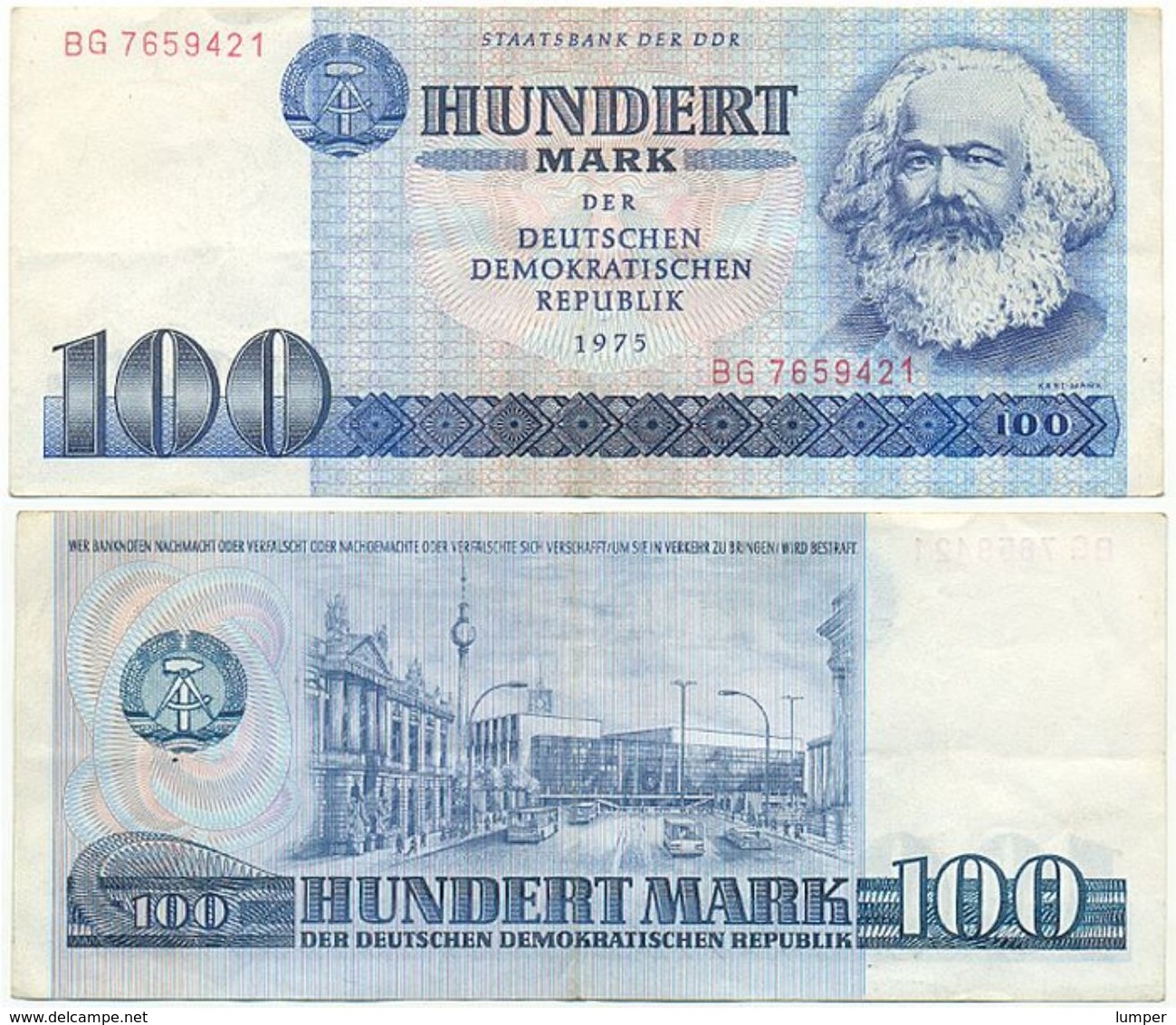 DDR 1975, 100 Mark, Staatsbank DDR, K. Marx, KN 7stellig, Geldschein, Banknote - 100 Mark